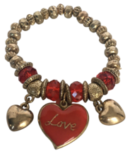 The One Valentines Day Charm Bracelet Love Hearts Gold Toned Stretch Gift Idea - £9.64 GBP