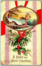 Faux Ribbon Wrapping Holly Mistletoe Happy Christmas Embossed DB Postcard F7 - £3.15 GBP