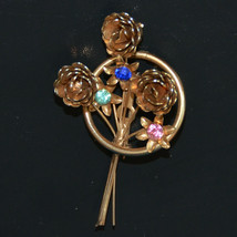Vintage jewelry blue pink rhinestone floral flower gold tone brooch pin - £11.76 GBP