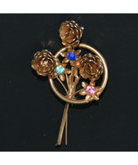 Vintage jewelry blue pink rhinestone floral flower gold tone brooch pin - £11.72 GBP