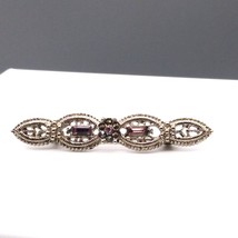 1928 Pastel Floral Bar Brooch, Silver Tone Art Deco Glam with Pink Baguette - £25.22 GBP