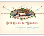 Best Wishes for Christmas Cabin Scene Holly Border Embossed DB Postcard Z5 - $2.92
