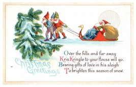 Postcard Embossed Christmas Greeting Elves Pull Kris Kringle In Duck Hea... - £6.33 GBP