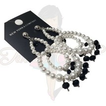 NY&amp;C Womens 2-Tier White Pearls Black Beads Drop Post Chandelier Earrings Dangle - £12.17 GBP