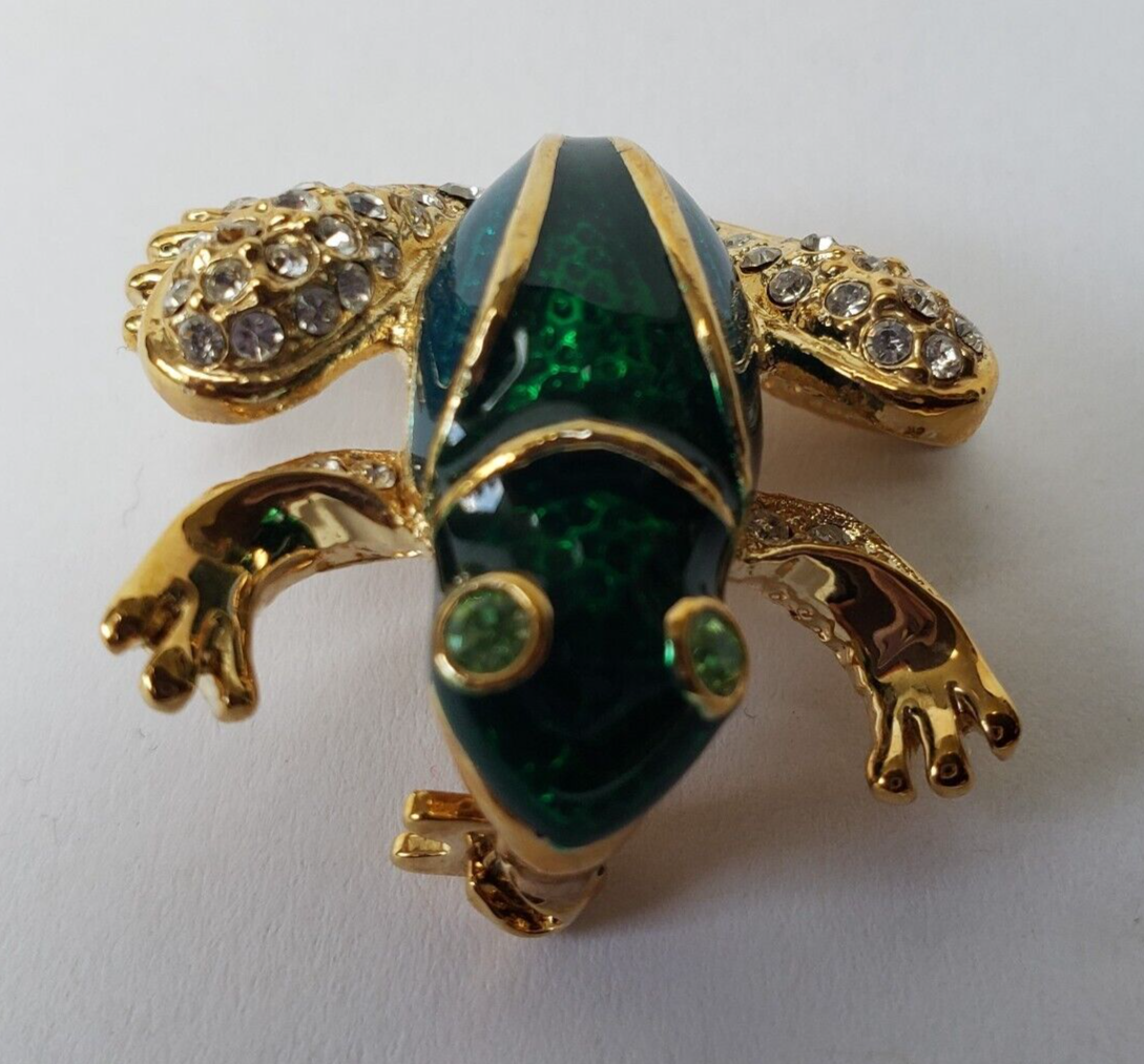 Primary image for Roma Frog Brooch Pin Green Gold Tone Rhinestones Signed 1" x 1"