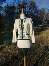 Vintage does 50s cream wool sweater Hungarian embroidery pockets pin up ... - $37.62