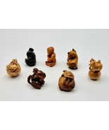 set of 7 antique wood japanese netsuke . several signed by the maker - £305.37 GBP