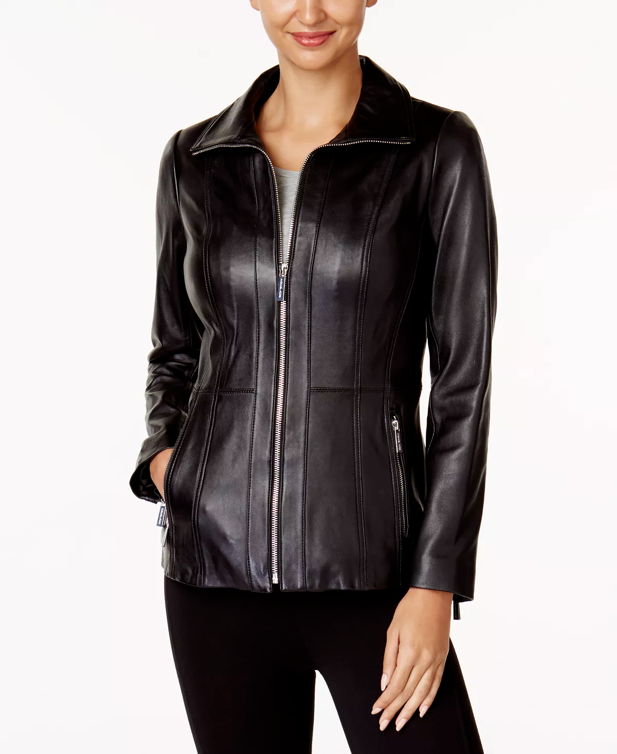 MICHAEL KORS Womens Leather Zip Up Scuba Jacket, BLACK, XS MSRP:$450.00 - $228.09