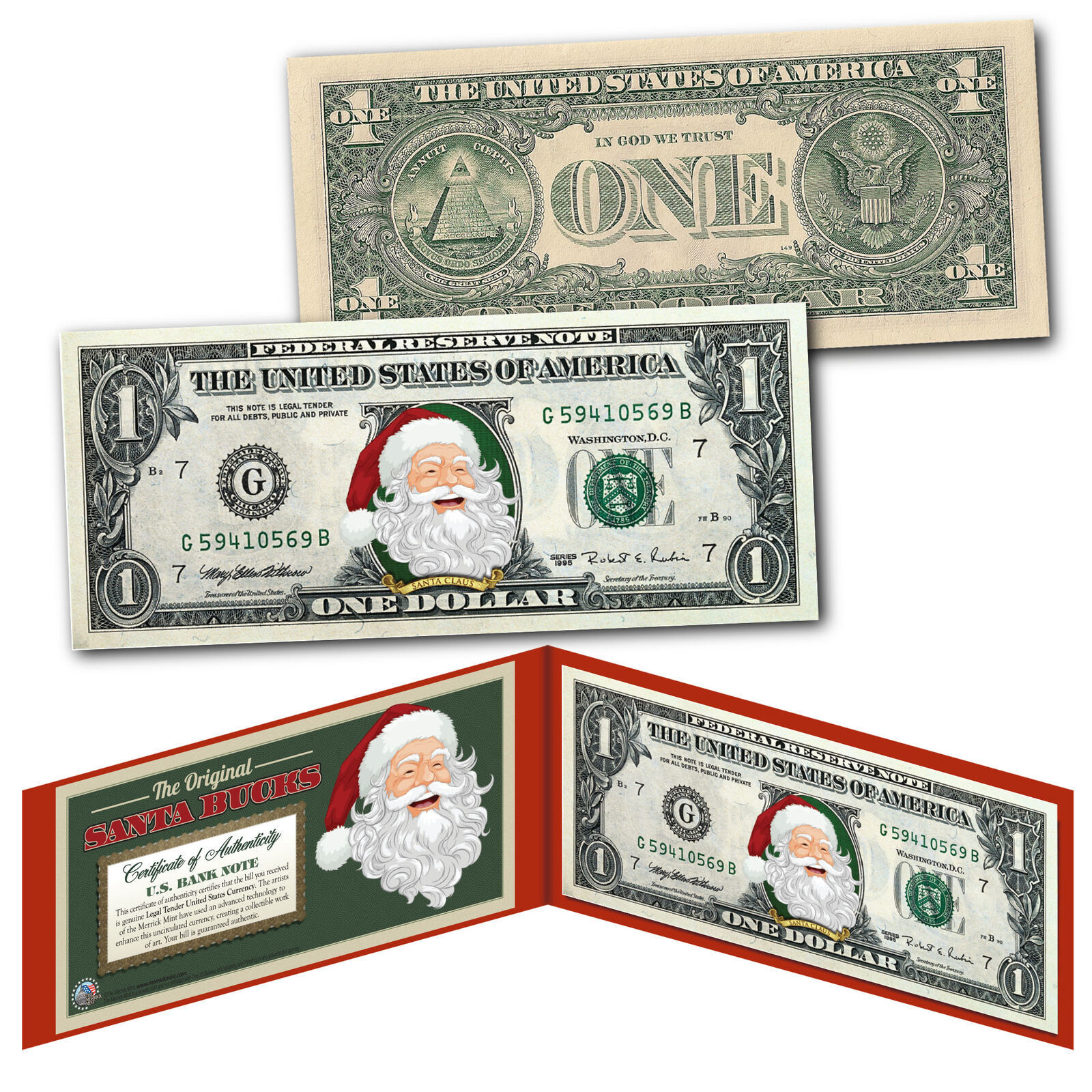 THE ORIGINAL SANTA BUCKS Santa Claus Christmas Genuine US $1 Bill in Red... - $12.16