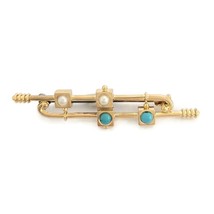 Antique Art Deco Long Cabochon Turquoise Pearl Brooch 14K Yellow Gold, 5.21 Gr - £795.35 GBP