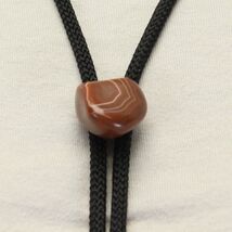 Bolo Tie Polished Agate Stone 1" w x .8" h x .6" d Braided Cord Metal Tips - $18.61