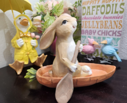 Easter Bunny Rabbit Paddling Carrot Canoe Resin Figurine Statue Tabletop... - $32.66