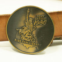 Vintage Gold Wing Leather Belt &quot;LOUISE&quot; w/ 1986 Pony Express Buckle 30&quot; - 32&quot; - £14.71 GBP