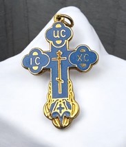 Vintage Eastern Orthodox Cross Pendant Blue Enamel Gold Tone Religious C... - $29.89