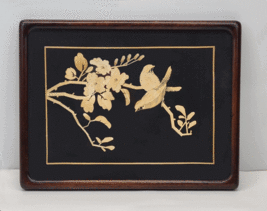 Chinese Straw Art Painting Marquetry Birds Flowering Tree Branch Framed Vintage - £45.20 GBP