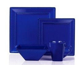 16 Piece Square Beaded Stoneware Dinnerware set by Lorren Home Trends, Blue - £81.49 GBP