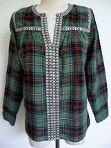J. Crew Embroidered Peasant Top Blouse 0 Red Green Plaid Cotton Boho Christmas - £17.52 GBP