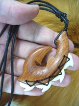 #B-25-A WOOD Maori style, Fish HOOK Tiger shark tooth teeth PENDANT Necklace - £20.16 GBP