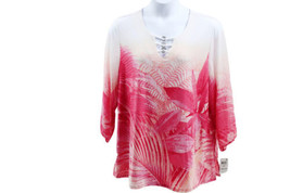 Women Top Plus Size Palm Print Chiffon Sleeve Pink Gemstone Combo Size 3X - $320.24 MXN