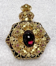 Vintage Perfume Bottle w Purple Rhinestone Lots of Gold Filigree Raised ... - $32.18