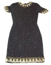 Laurence Kazar Silk Black Beaded Dress w/Gold Accents 100% Silk Sz S Small - £106.32 GBP
