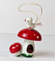 Vintage Wooden Mushroom Toadstool W/ Bird Christmas Ornament Red White Spots 2&quot; - £10.11 GBP