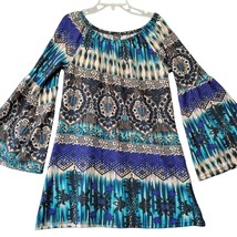 WinWin Blue Tunic Shirt Stretch Preppy Boho Floral 3/4 Bell Sleeves Wome... - £6.26 GBP