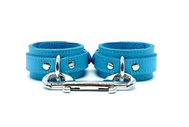 BDSM Light Blue Leather Vienna Handcuffs &amp; Silver Hardware, Wrist Cuffs ... - £75.05 GBP