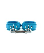 BDSM Light Blue Leather Vienna Handcuffs &amp; Silver Hardware, Wrist Cuffs ... - £75.06 GBP