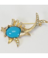 Jelly Belly Rhinestone Fish Brooch Pin Turquoise Glass Etched Gold - $13.71