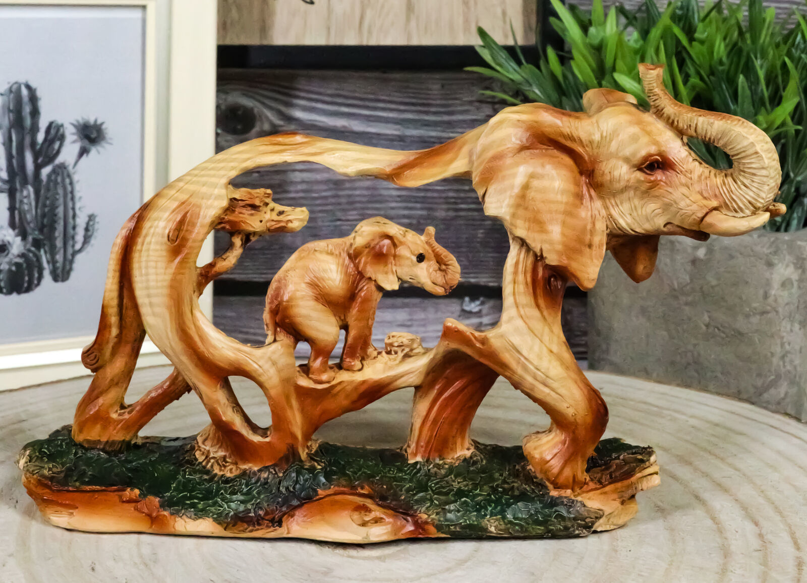 Faux Wood Elephant Family Migration Elephant Walking With Baby Calf Stat... - $18.99