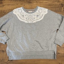 Boden Interest Gray White Lace Detail Large Sweatshirt Classy Minimal De... - $44.74