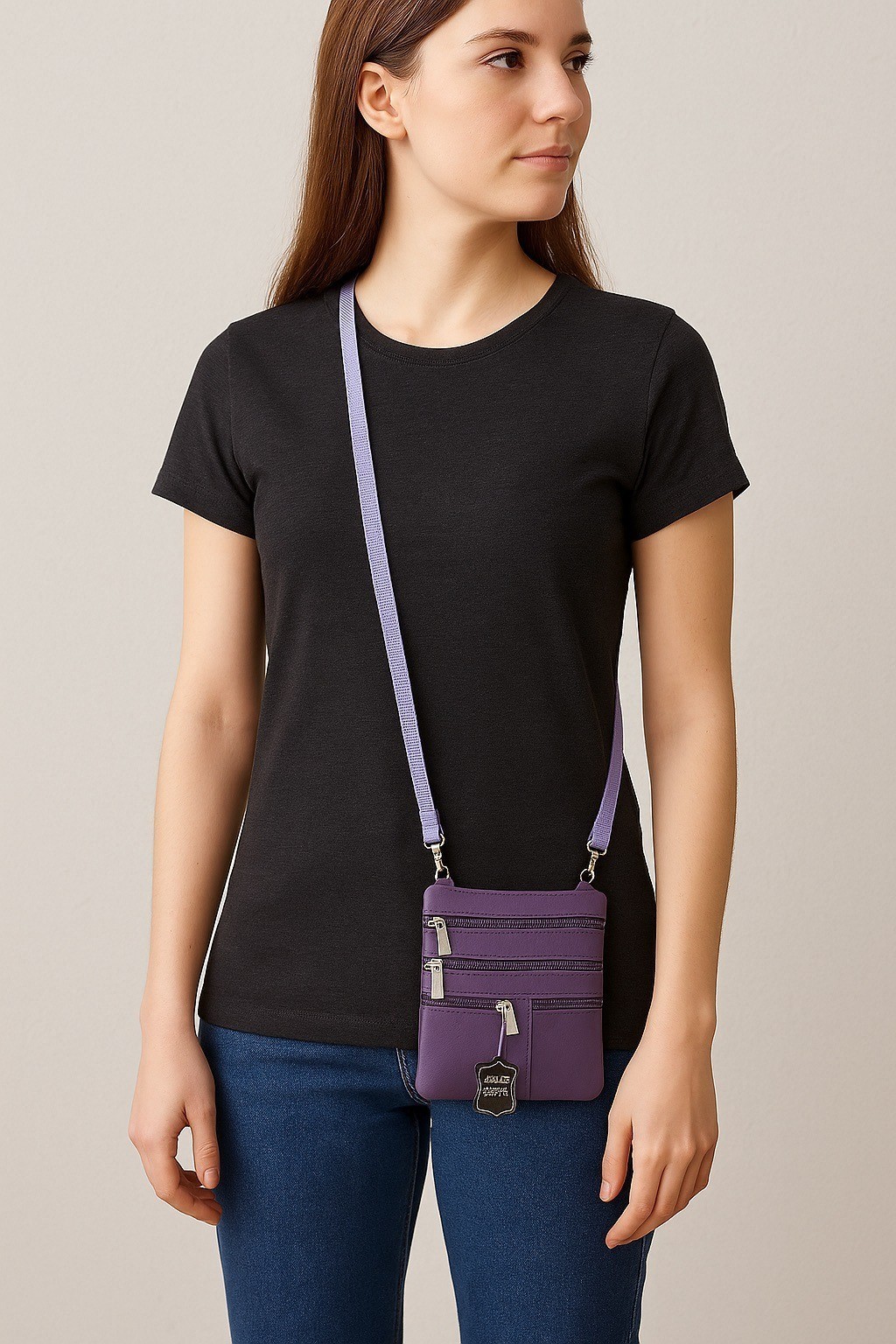 Lavender Genuine Leather Crossbody Bag with Front and Back Zippers Item image 5