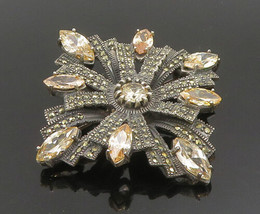 925 Silver - Vintage Citrine &amp; Marcasite Flower Fidget Brooch Pin - BP9498 - £102.95 GBP