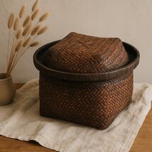 Antique SE Asian Handwoven Storage Basket Domed Lid Square Base Bamboo o... - $89.99