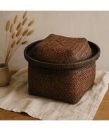 Antique SE Asian Handwoven Storage Basket Domed Lid Square Base Bamboo o... - $89.99
