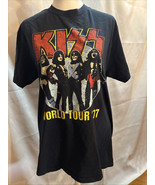 KISS Medium Black Graphic T-shirt Rock Concert World Tour 1977 Retro Design - $15.79