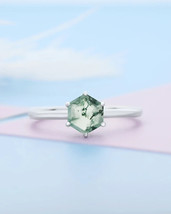 14k White Gold Natural Green Moss Agate Gemstone Ring Engagement Wedding Ring - £755.59 GBP