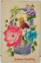 Birthday Greetings Bird in Basket of Flowers c1910 Brillion Wis Postcard AA1 - £7.03 GBP