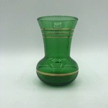 Emerald Green Bohemian Small Mini Vase with Gold Stripe Trim Vintage 3 3/4&quot; Tall - £7.44 GBP