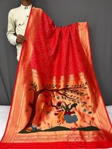 Orange Pure Silk Bandhani Saree || Pure Kanchipuram Paithani Pallu Sari || Rich  - £66.35 GBP