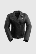 Women&#39;s Biker Lambskin Leather Jacket Mcj Whet Blu Chloe - £247.79 GBP