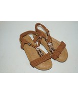 Girls Youth Kids T Strap Sandal Brown Tan w/ Gold Gemstone Charms - $24.19 CAD