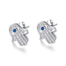 Silver CZ Hamsa Evil Eye Stud Earrings Stainless Steel Protection Jewelry Gift - £14.62 GBP