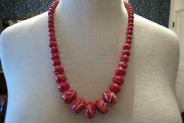 Vintage Red Beaded Necklace  White Swirls 26&quot; Early Plastic Strand Estate - £23.88 GBP