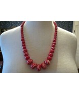Vintage Red Beaded Necklace  White Swirls 26&quot; Early Plastic Strand Estate - £23.58 GBP