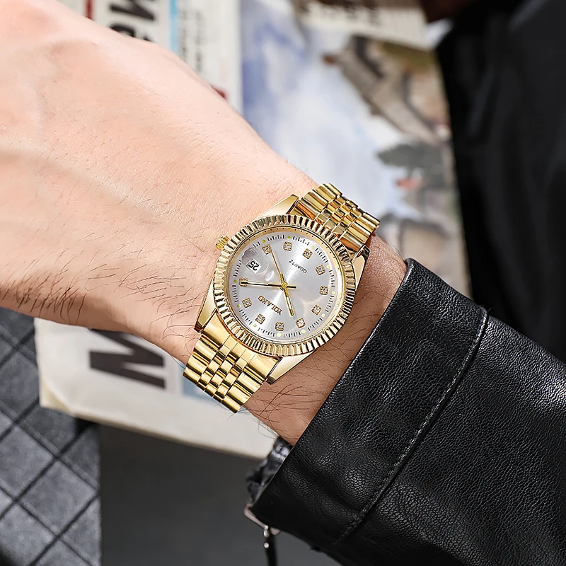 New Fashion Luxury Brand Watches Men&#39;s Golden Full Steel Quartz Wrist Wa... - £13.53 GBP
