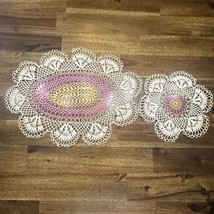 2 Vintage Handmade Doilies Hand Crochet Pastel Rainbow Color Antique Doily - £14.63 GBP