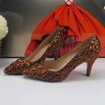Coffee Crystal Bridal Wedding shoes and purse Women Pointed Toe Fashion High Pum - £81.12 GBP