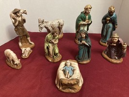 Vintage 10 pc Nativity Scene Ceramic Figurines Set Hand Painted Christmas - $44.32
